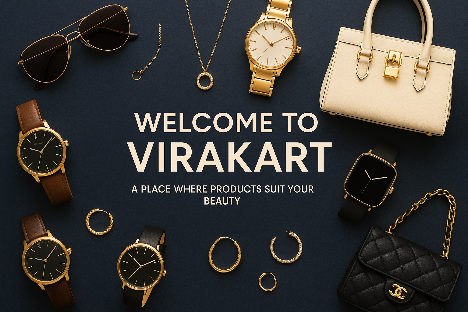 CREATE A BANNER FITTING IN THE SPACE FILLED WITH WATCH AND OTHER ACCESSORIES MENTION IN THE STORE AND AT THE CENTER WILL THEIR BE THE STORE NAME "WELCOME TO VIRAKART" NEXT A SUBTITLE "A PLACE WHERE PRODUCT OFFER SUITE YOUR BEAUTY