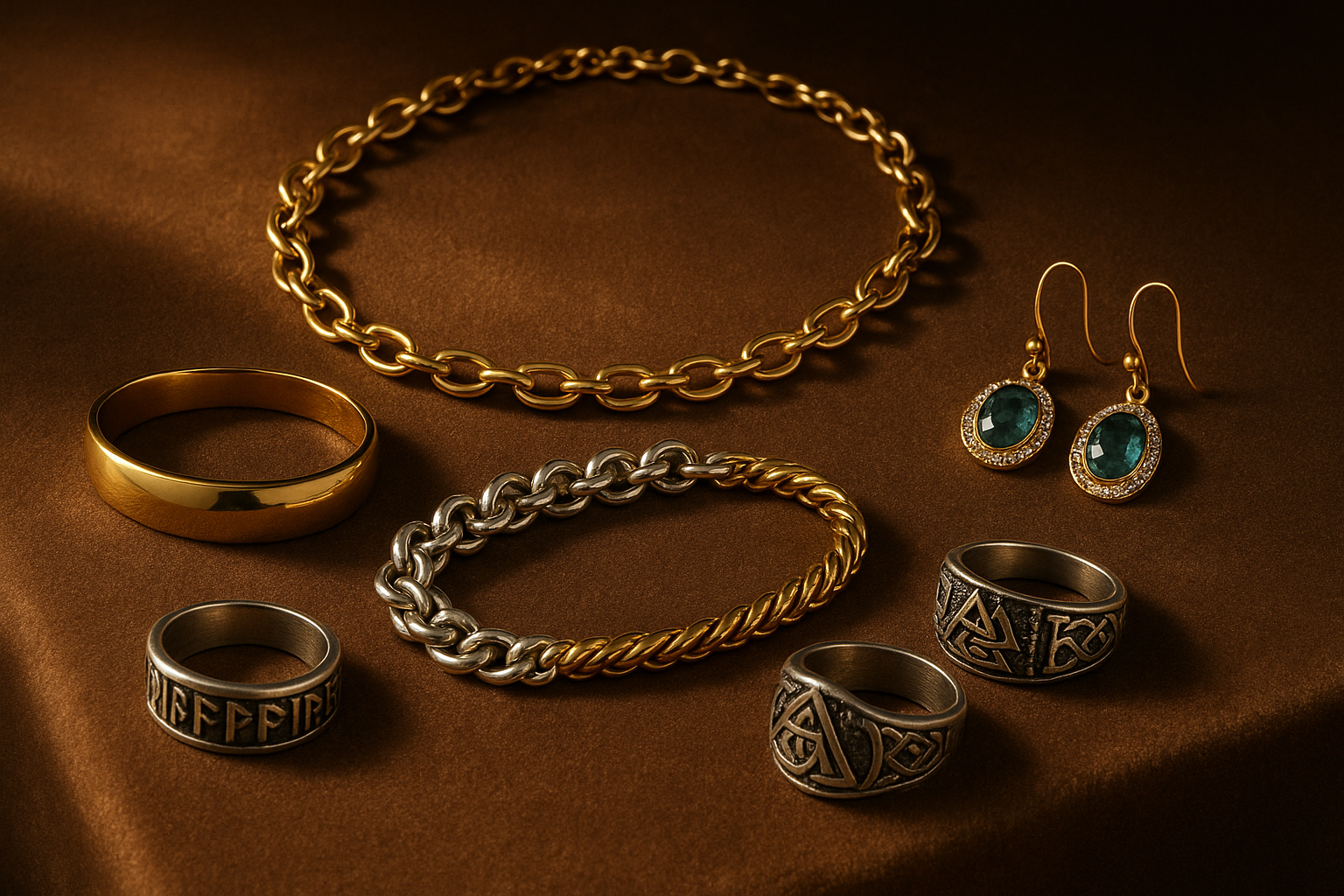 create a image containing a  necklace, bracelets, earrings, virkings rings