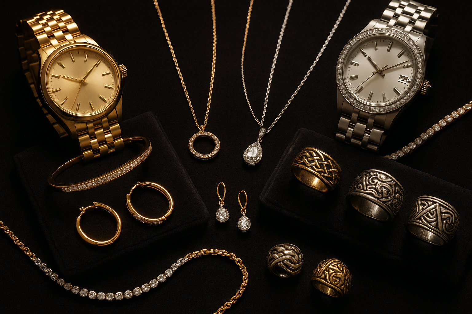 watch and jewelry (necklace, bracelets, earringg, Virking rings)